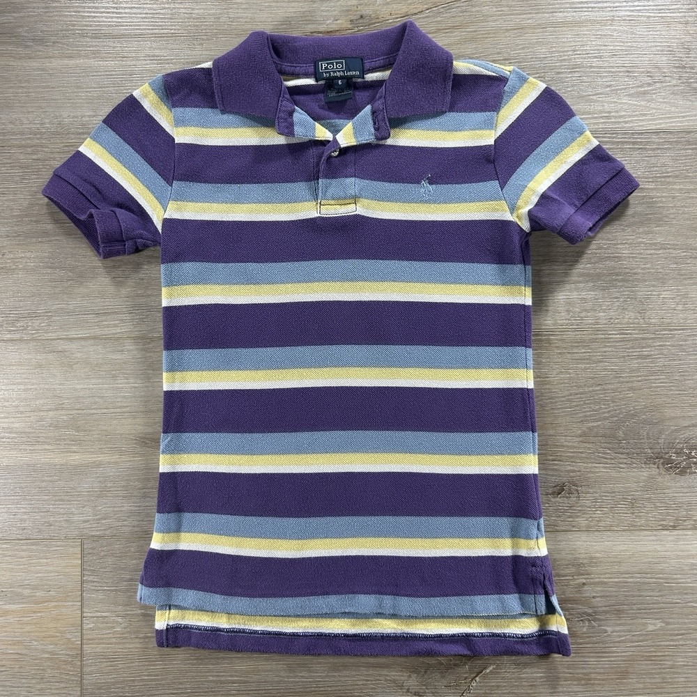 Ralph Lauren Polo Shirt YOUTH Size 6 Purple Short Sleeve Striped Collar Vintage